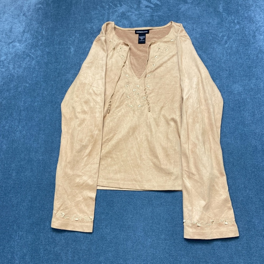 Express Jeans Blouse Top Womens Large Beige Embroidered Floral Long Sleeve